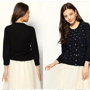 Kate Spade ♠️ Black Sky Rhinestone Holiday Wool Cardigan Small